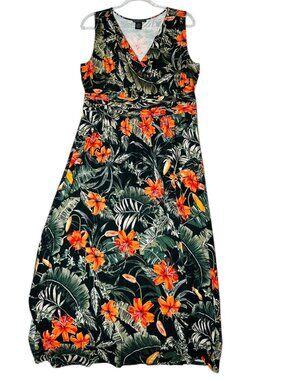 Design History XL Tropical Floral Maxi Dress Sleeveless V Neck Stretch